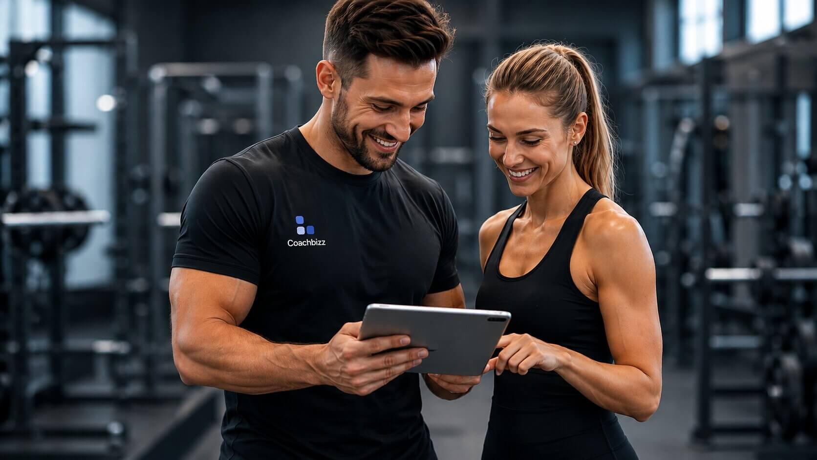 Trener pokazujący klientce aplikację Coachbizz na tablecie